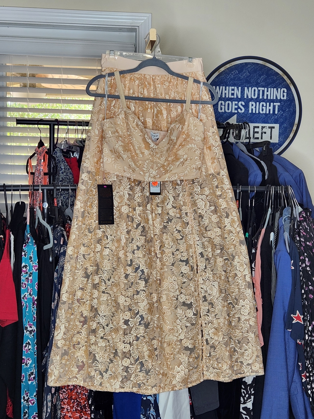 bebe Gold Lace A-Line 2 Piece with Embroidered Flowers